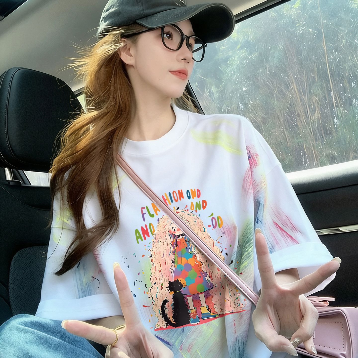 多巴胺撞色扎染純棉寬松t恤女ins韓系卡通公主減齡中長款氣質上衣