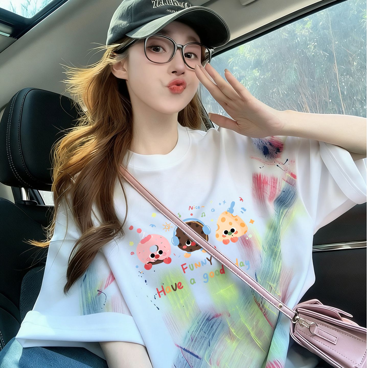 多巴胺撞色扎染純棉寬松t恤女ins韓系卡通公主減齡中長款氣質上衣