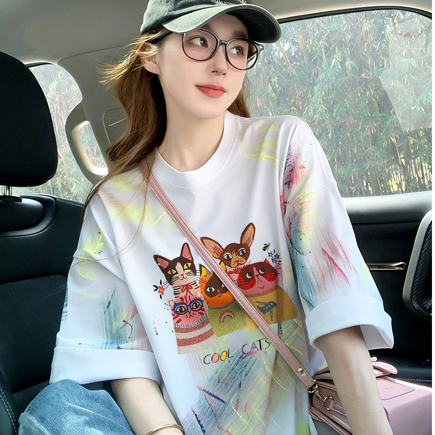 多巴胺撞色扎染純棉寬松t恤女ins韓系卡通公主減齡中長款氣質上衣