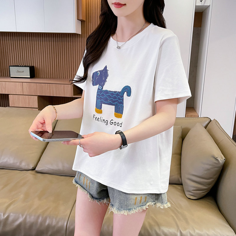 實拍 仿棉索羅娜雙紗 小馬印花短袖t恤女