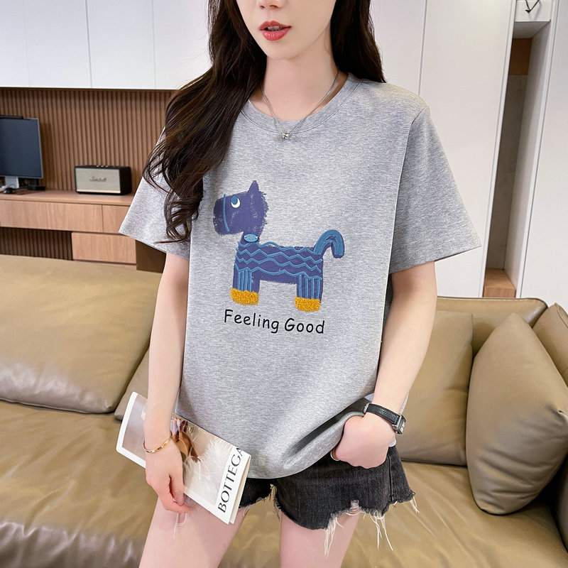 實拍 仿棉索羅娜雙紗 小馬印花短袖t恤女