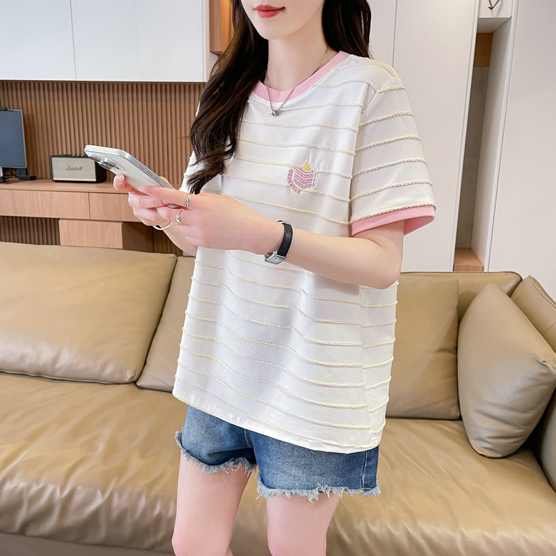 實拍 15棉80滌5氨綸 彩虹條紋短袖t恤女