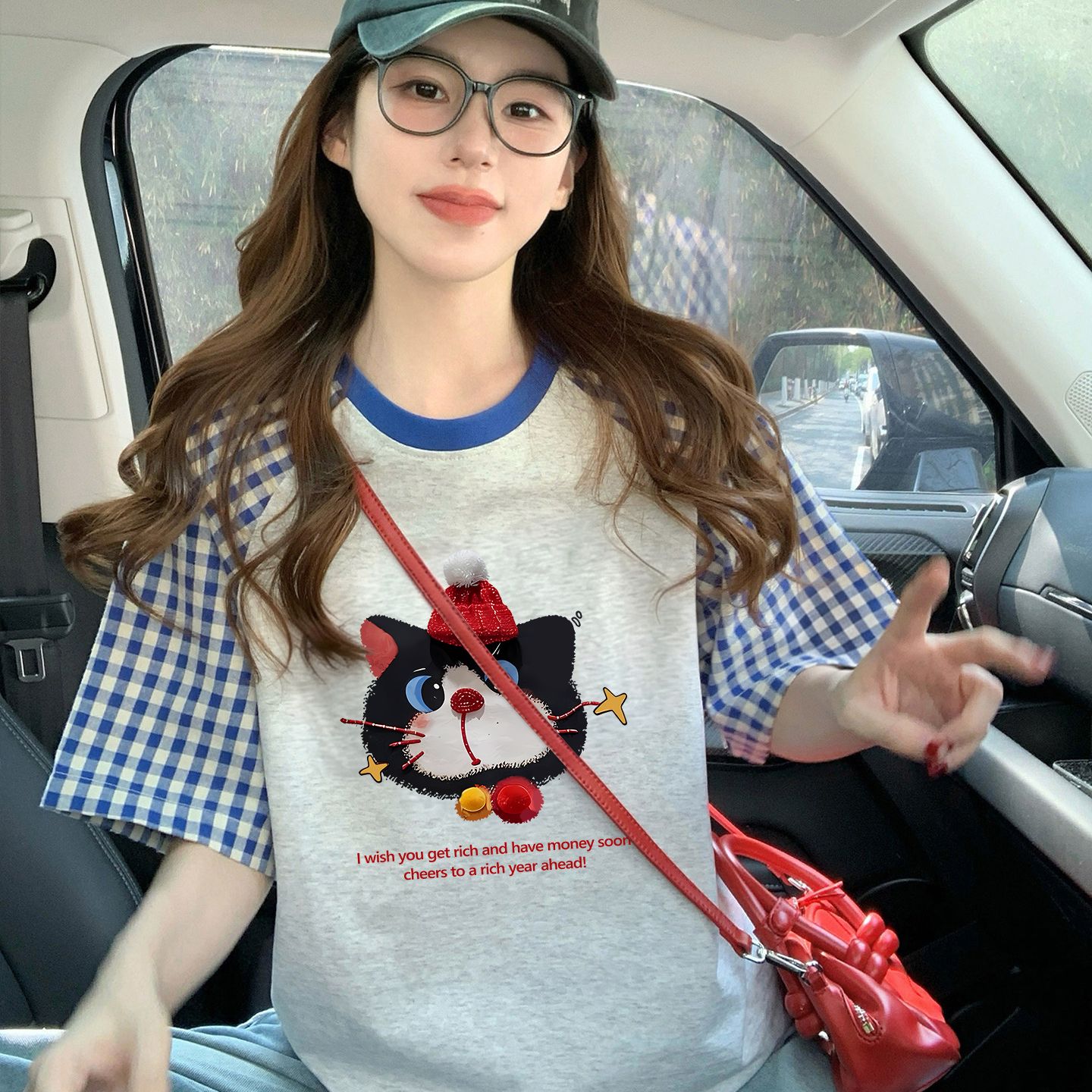220克純棉/后包領格子撞色插肩短袖t恤女2026夏季印花上衣