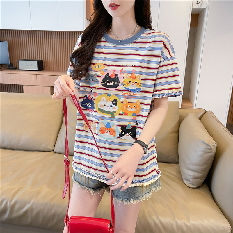 實拍圓領短袖條紋t恤女韓版新款印花插色拼接上衣女