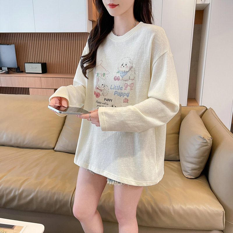 實拍50棉雪花棉長袖T恤女春秋新款休閑韓版寬松上衣