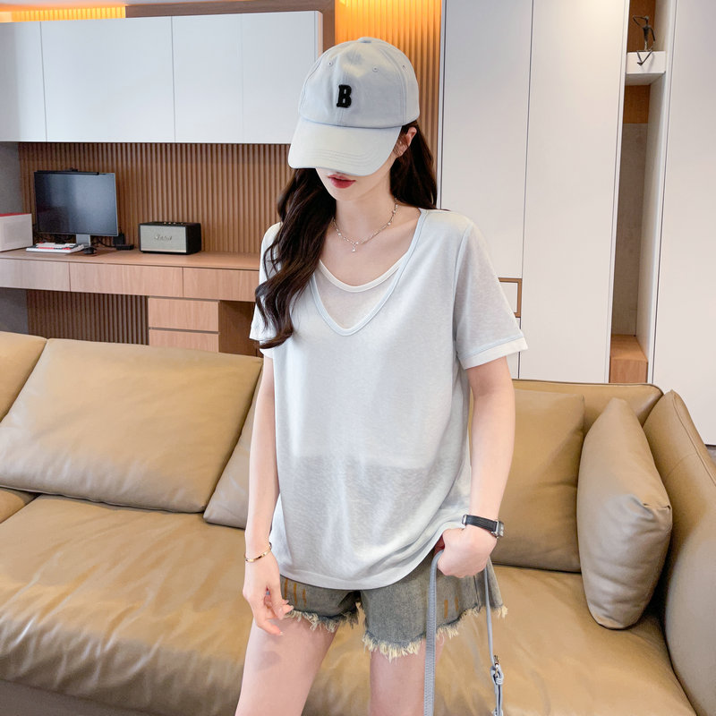 實拍炸街抖音質量假兩件棉質短袖t恤女潮新款上衣大碼女裝