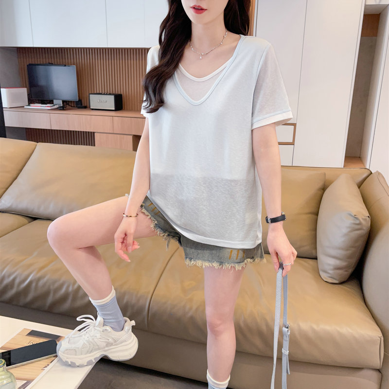 實拍炸街抖音質量假兩件棉質短袖t恤女潮新款上衣大碼女裝