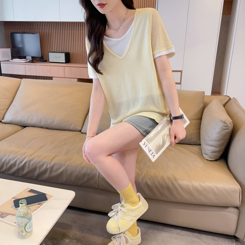 實拍炸街抖音質量假兩件棉質短袖t恤女潮新款上衣大碼女裝