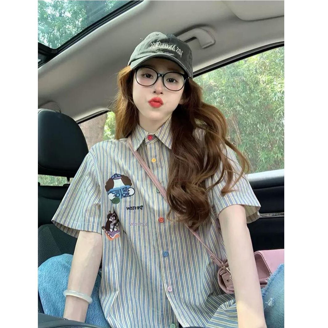 RY6032# 美式条纹短袖衬衫女2026新款学院风小个子宽松刺绣上衣潮