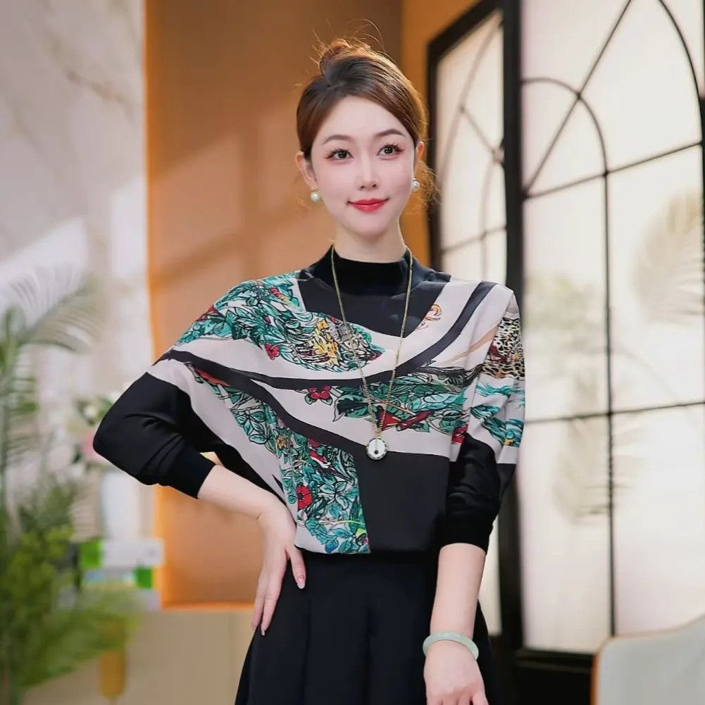 MY13987# 国风精致感印花时尚长袖优雅气质套头针织衫胖mm大码女装宽...