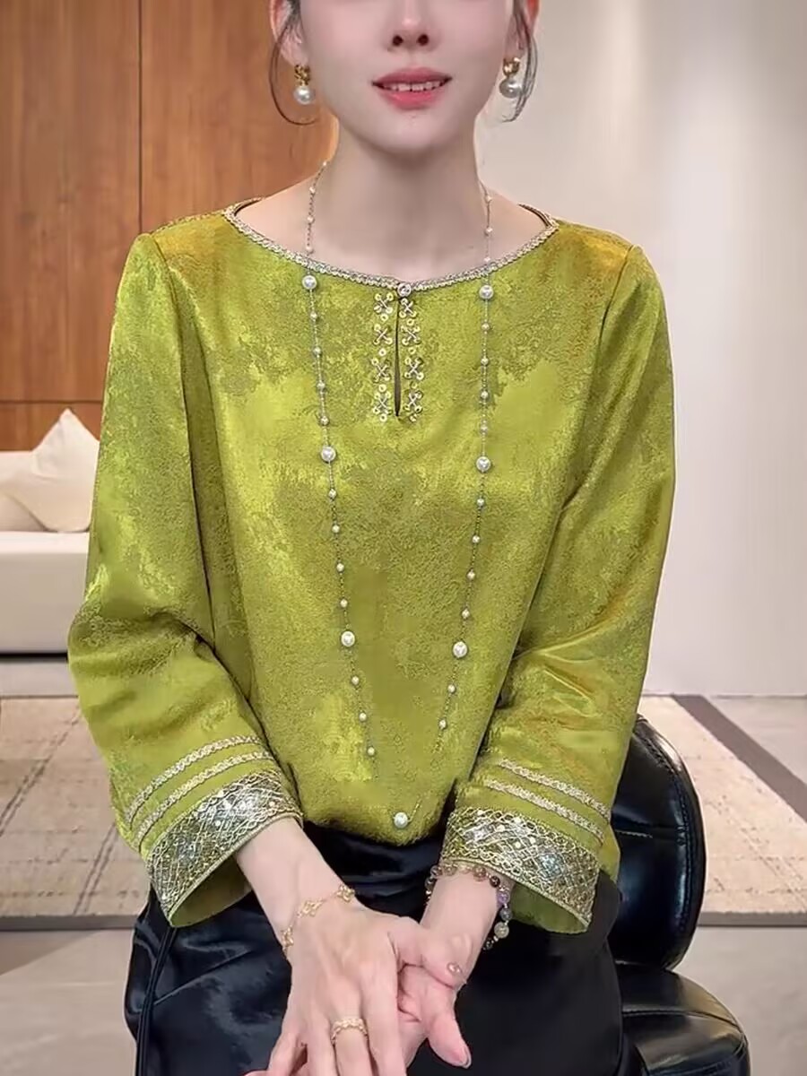 MY13988# 绿色新中式国风提花衬衫新款高级感精致气质遮肉大码上衣女裝...