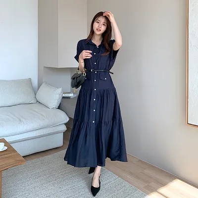 MY16432#韩国chic 法式气质翻领系带收腰显瘦大裙摆连衣裙长裙 配...