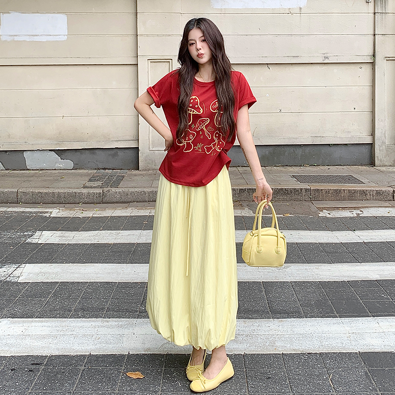 MY12459#大码胖妹妹正肩短袖T恤显瘦宽松印花红色韩系上衣女裝貨源服裝...