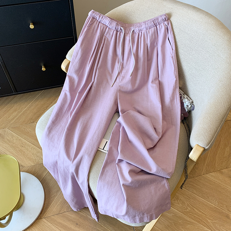 MY12196# 日系紫色棉麻裤女夏薄款独特超级好看宽松亚麻阔腿裤休闲遛弯女裝貨源服裝批發