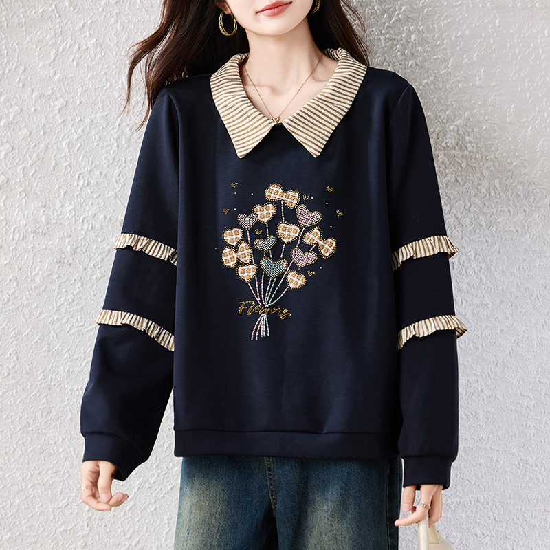 MY14447# 新款秋冬高级感女拼接重工爱心大码显瘦减龄长袖加厚卫衣女裝...