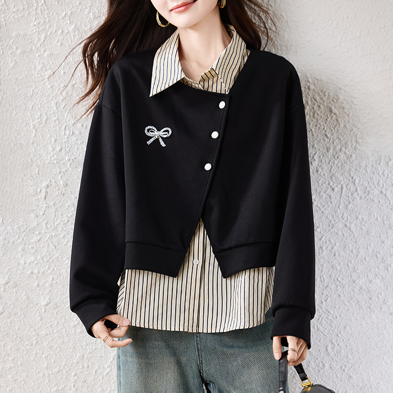 MY14445# 新款秋冬季胖mm时尚高级感拼接重工假两件显瘦减龄卫衣女女...