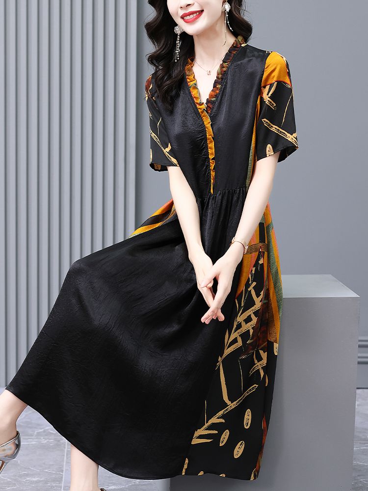 FA32329# 连衣裙女高档香云纱V领长裙 服裝批發女裝批發服飾貨源