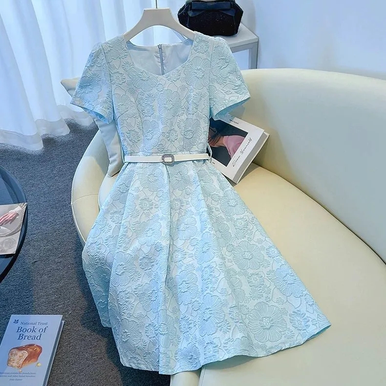 MY11253# 蓝色连衣裙新款女夏季轻奢高级感名媛气质小个子收腰短袖裙子女裝貨源服裝批發
