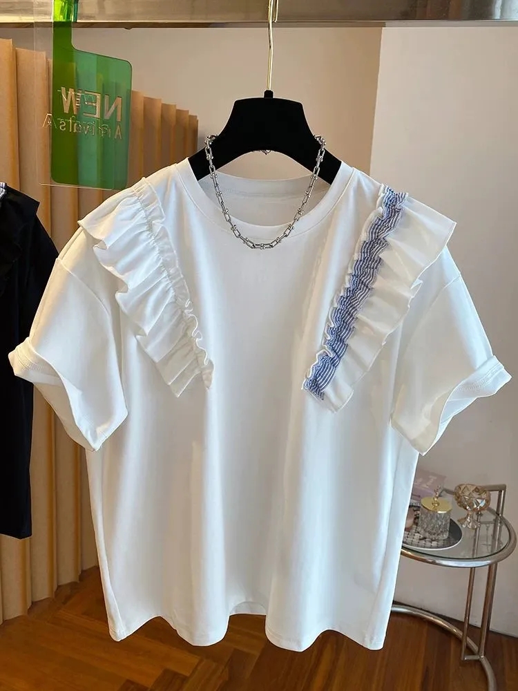 韩系白色荷叶边t恤女短袖夏季新款宽松休闲圆领体恤打底上衣 服裝批發女裝批發服飾貨源