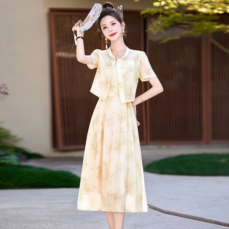 FA33122# 新中式吊带连衣裙两件套气质夏季女夏时尚国风遮肚子新款套装 服裝批發女裝批發服飾貨源
