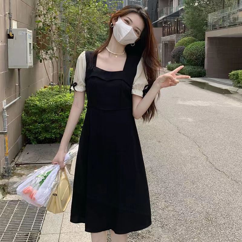 MY7694# 夏季新款撞色方领泡泡袖收腰中长款连衣裙女装小个子气质裙子女裝貨源服裝批發