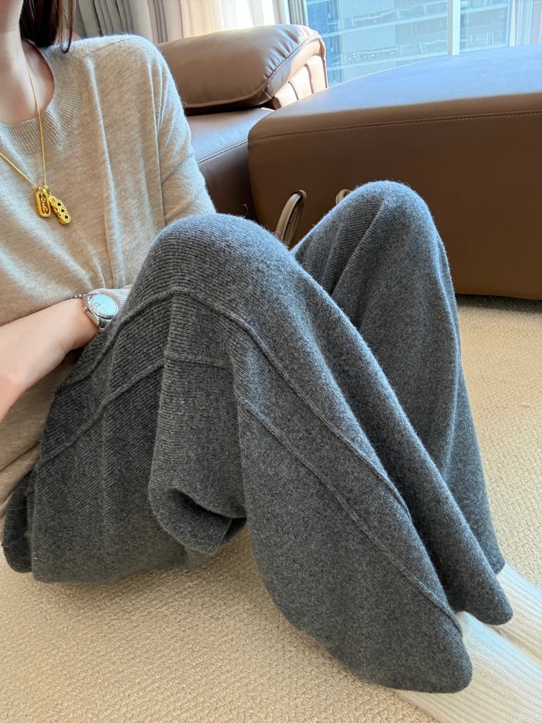 灰色針織休閑直筒褲子女2025春秋季新款高級感時尚百搭顯瘦闊腿褲