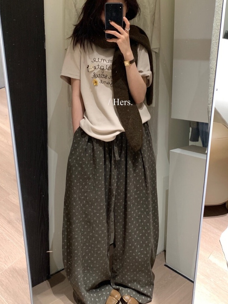 2025秋季新款韓版簡約日常松緊腰百搭碎花寬松闊腿休閑褲女