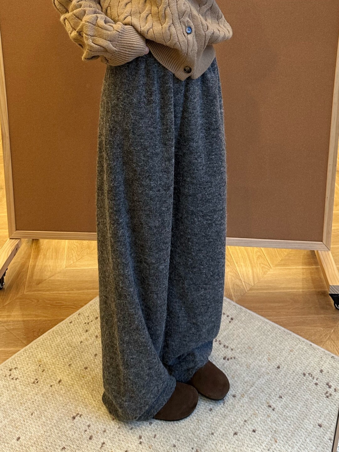 加厚圈圈毛呢闊腿褲女秋冬慵懶氣質寬松直筒羊毛褲子