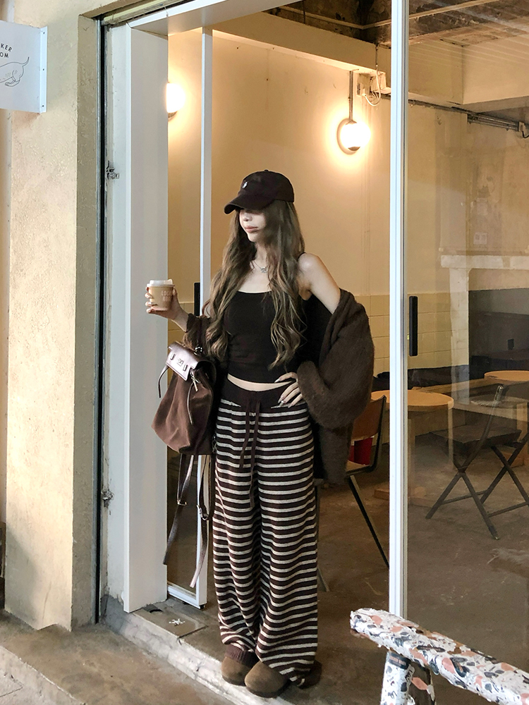 韓系松弛慵懶風條紋針織休閑褲女秋冬低腰垂感顯瘦直筒長褲