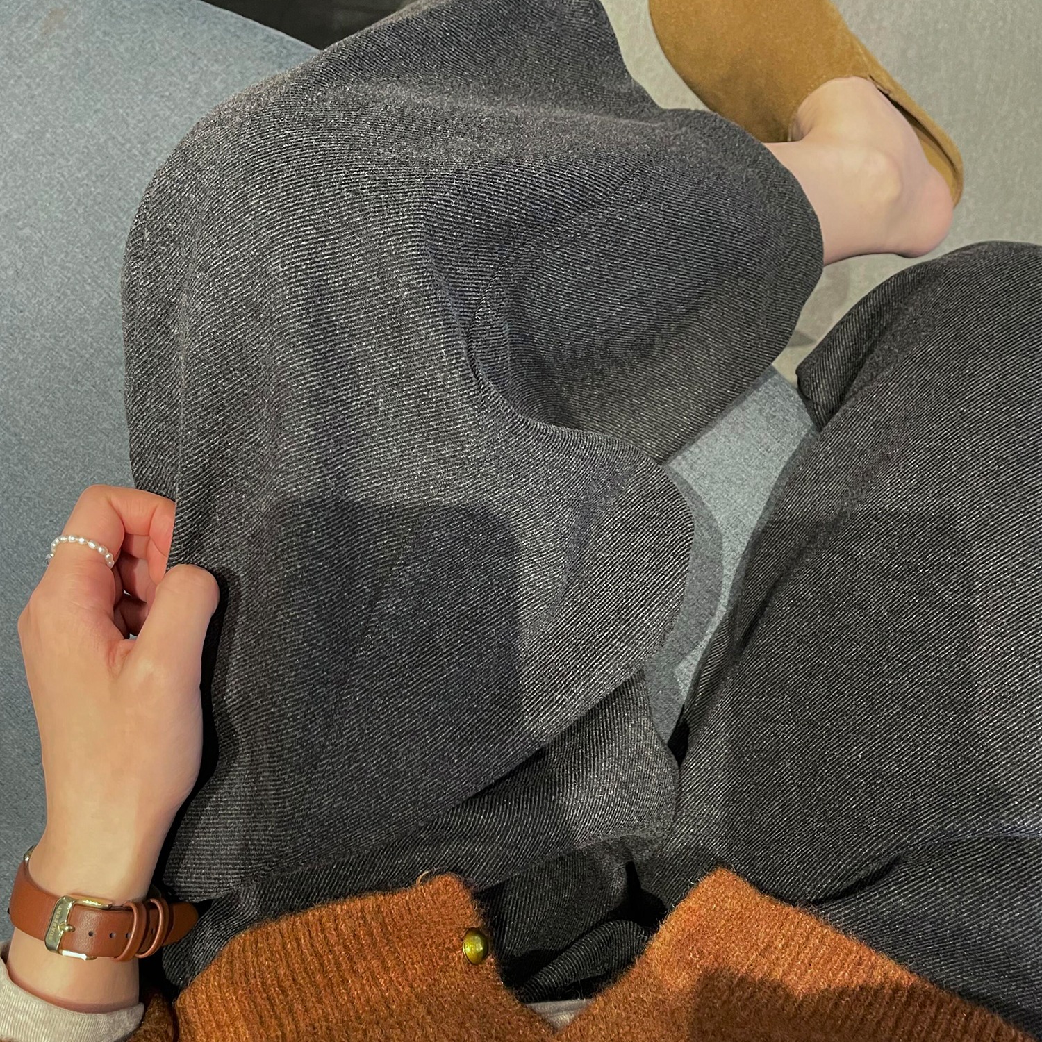 松馳慵懶風垂感闊腿褲女秋冬薄絨遮胯褲子百搭寬松氣質直筒長褲
