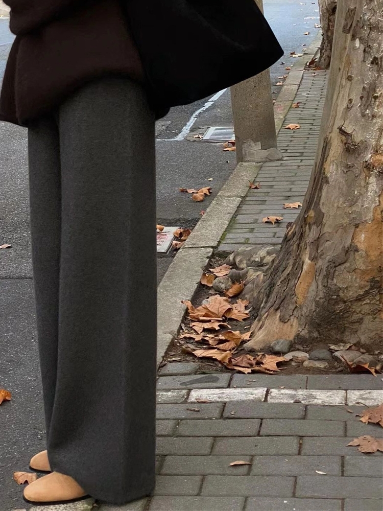 澳洲純羊毛針織闊腿褲女秋冬慵懶歐貨外穿羊絨褲子直筒拖地褲