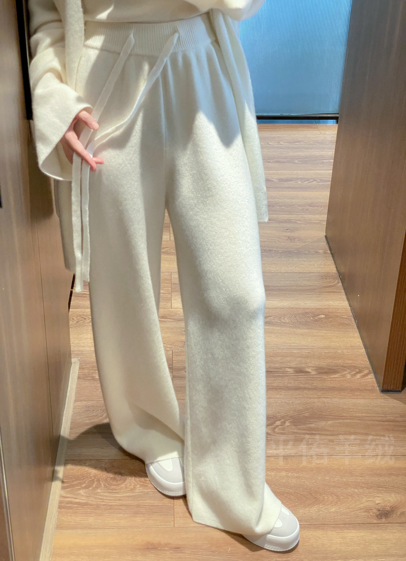 奶油白100%純羊毛闊腿褲女高腰顯瘦垂墜感直筒長褲韓版軟糯外穿褲