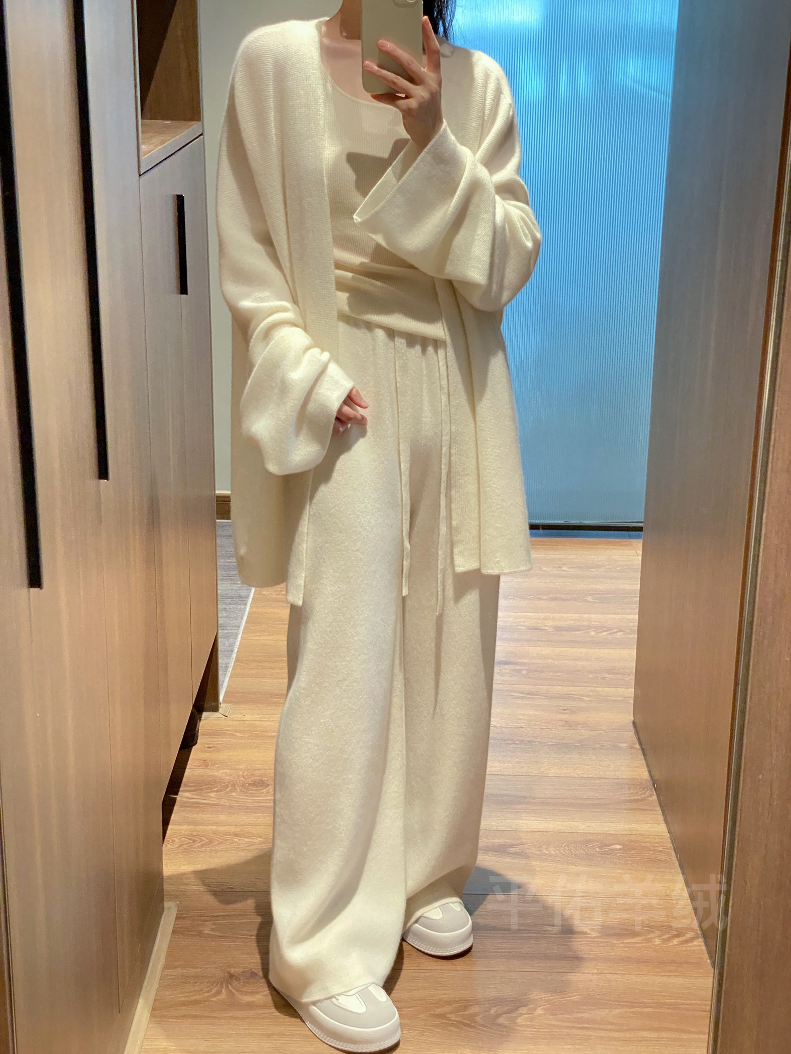 奶油白100%純羊毛闊腿褲女高腰顯瘦垂墜感直筒長褲韓版軟糯外穿褲
