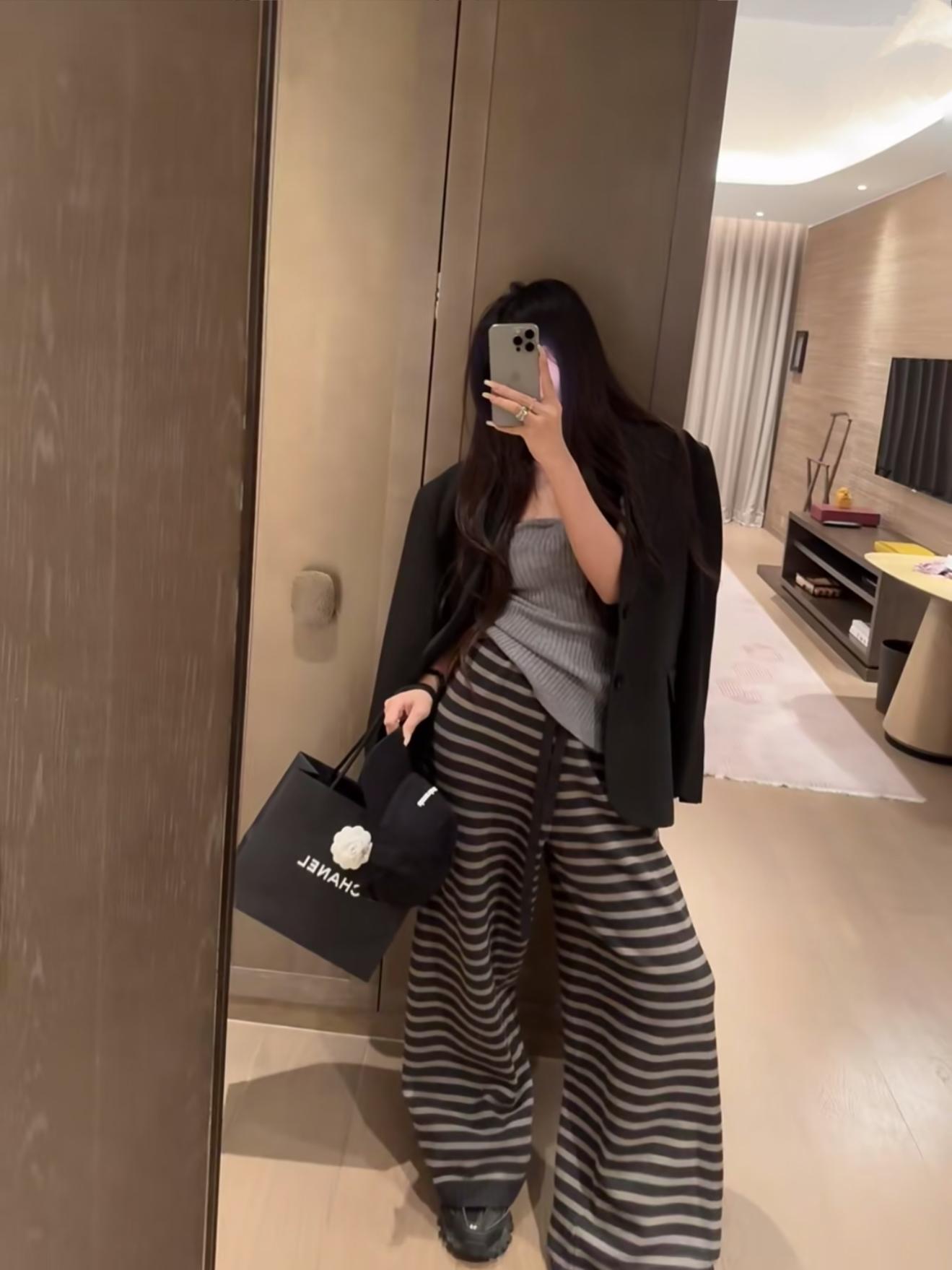 秋冬新款慵懶風厚實條紋闊腿褲女寬松直筒針織休閑褲