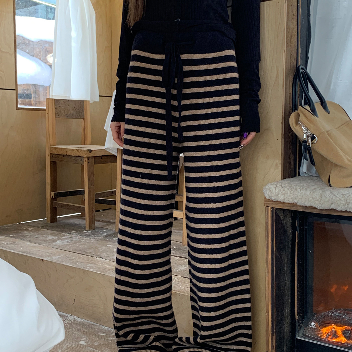 MY14645# 条纹针织休闲裤慵懒风垂垂裤直筒显瘦拖地卫裤女裝貨源服裝批...