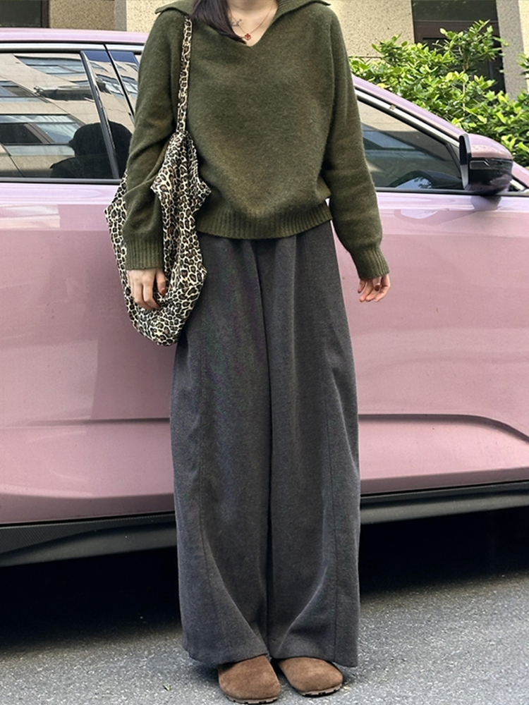 灰色毛呢闊腿褲女2025新款大碼女秋冬休閑運動衛褲今年流行梧桐褲