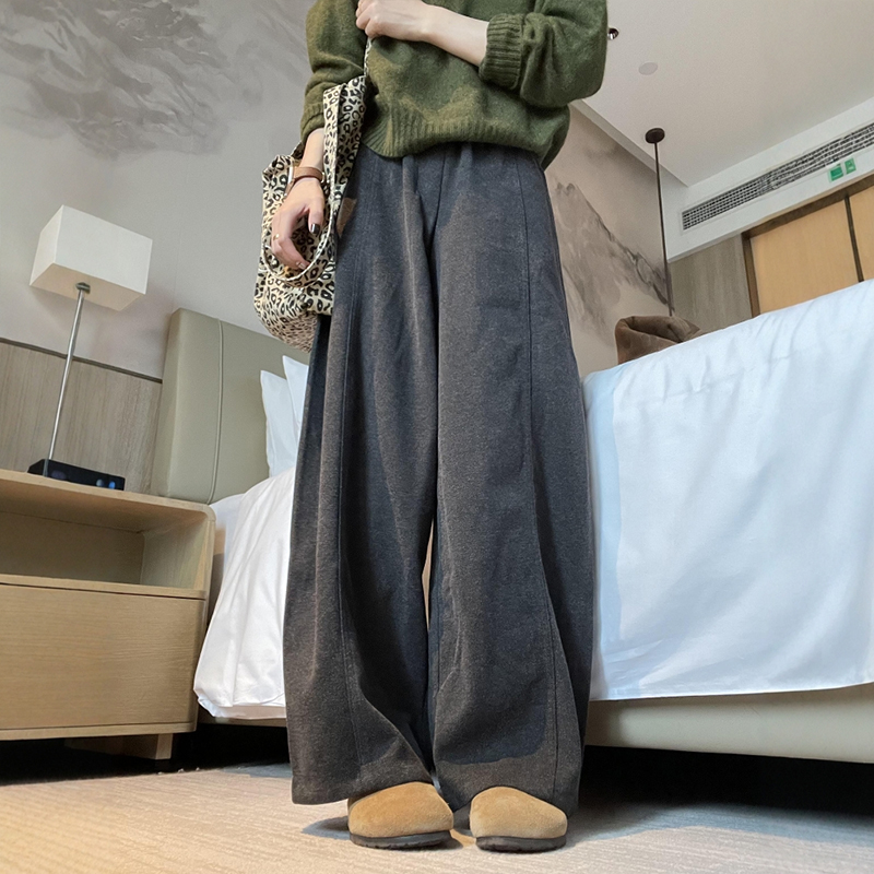 灰色加厚毛呢闊腿褲子大碼秋冬小個子休閑運動衛褲今年流行梧桐褲