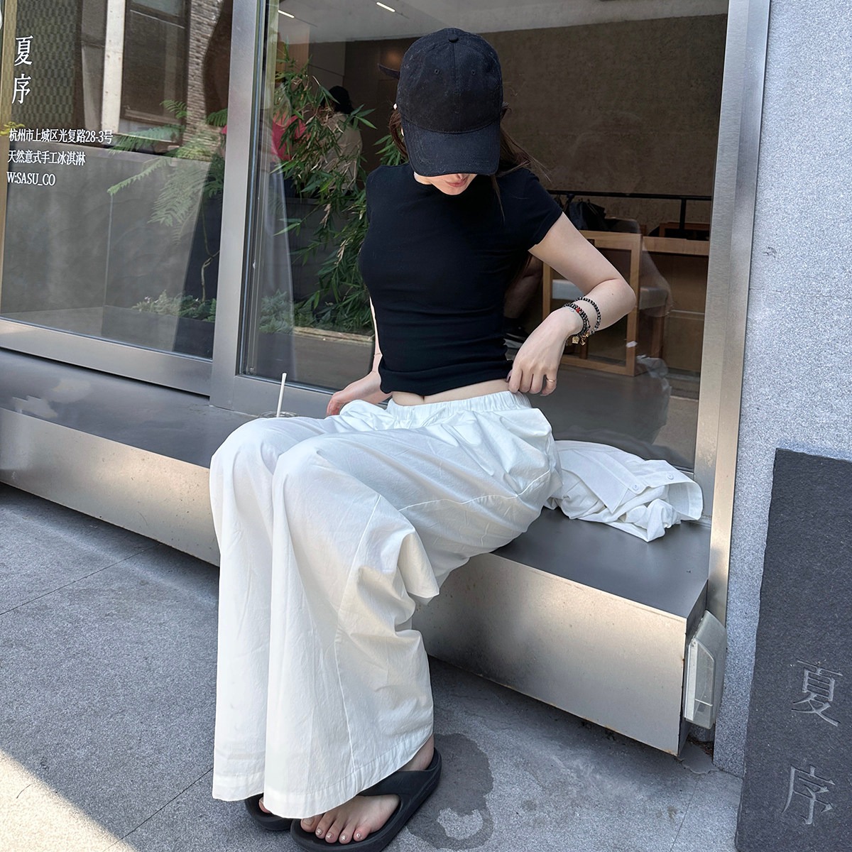 不會透的白色休閑褲女春秋高腰顯瘦百搭直筒抽繩闊腿褲長褲