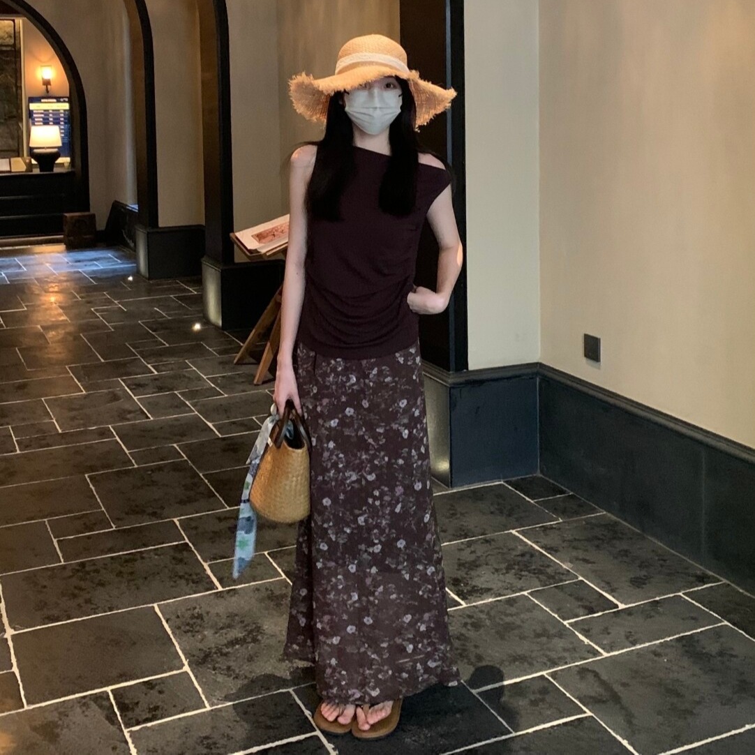復古高級感氣質雪紡碎花半身裙女春夏印花肌理感飄逸長裙