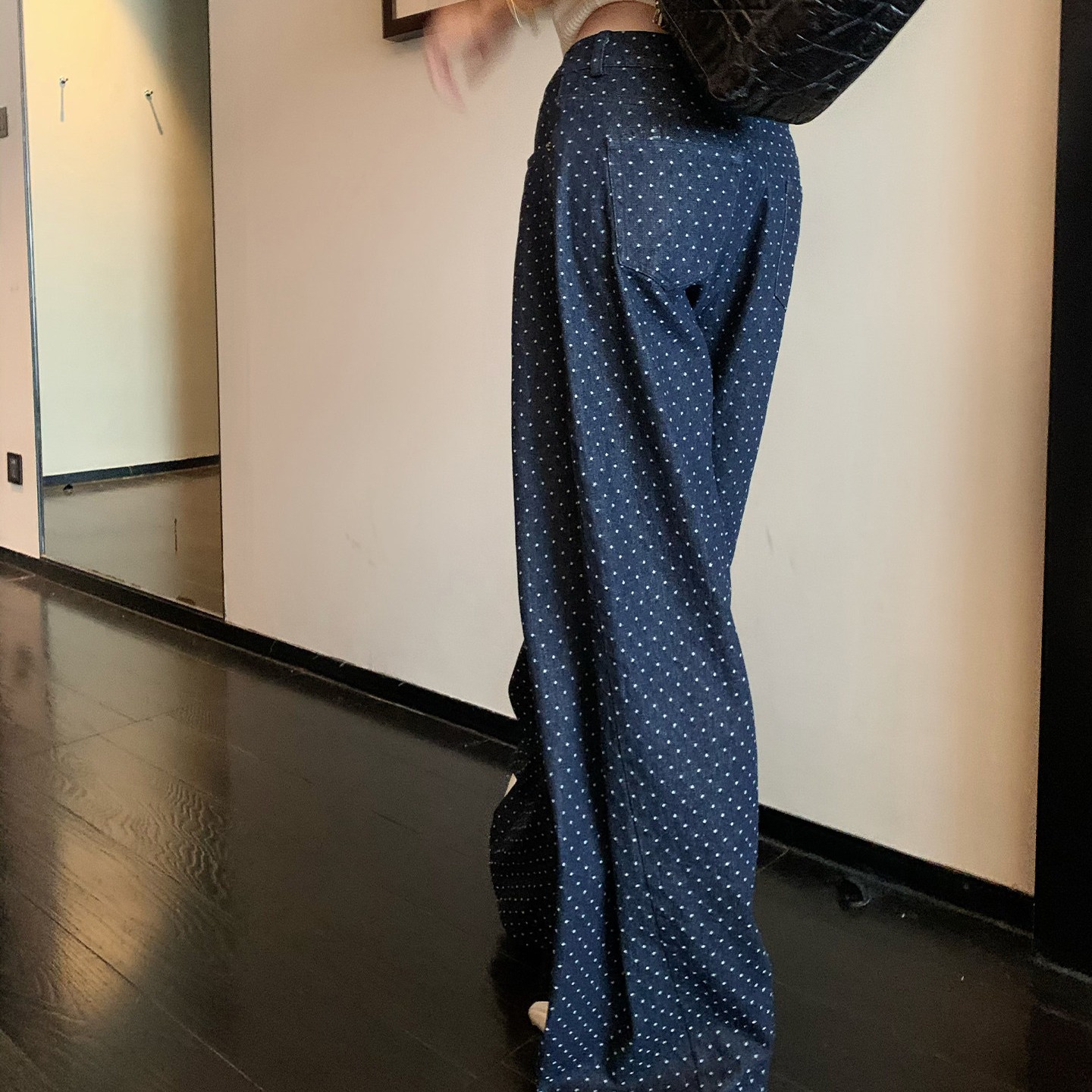 松弛日常 波點牛仔褲女春季穿搭設計休閑褲彎刀闊腿褲
