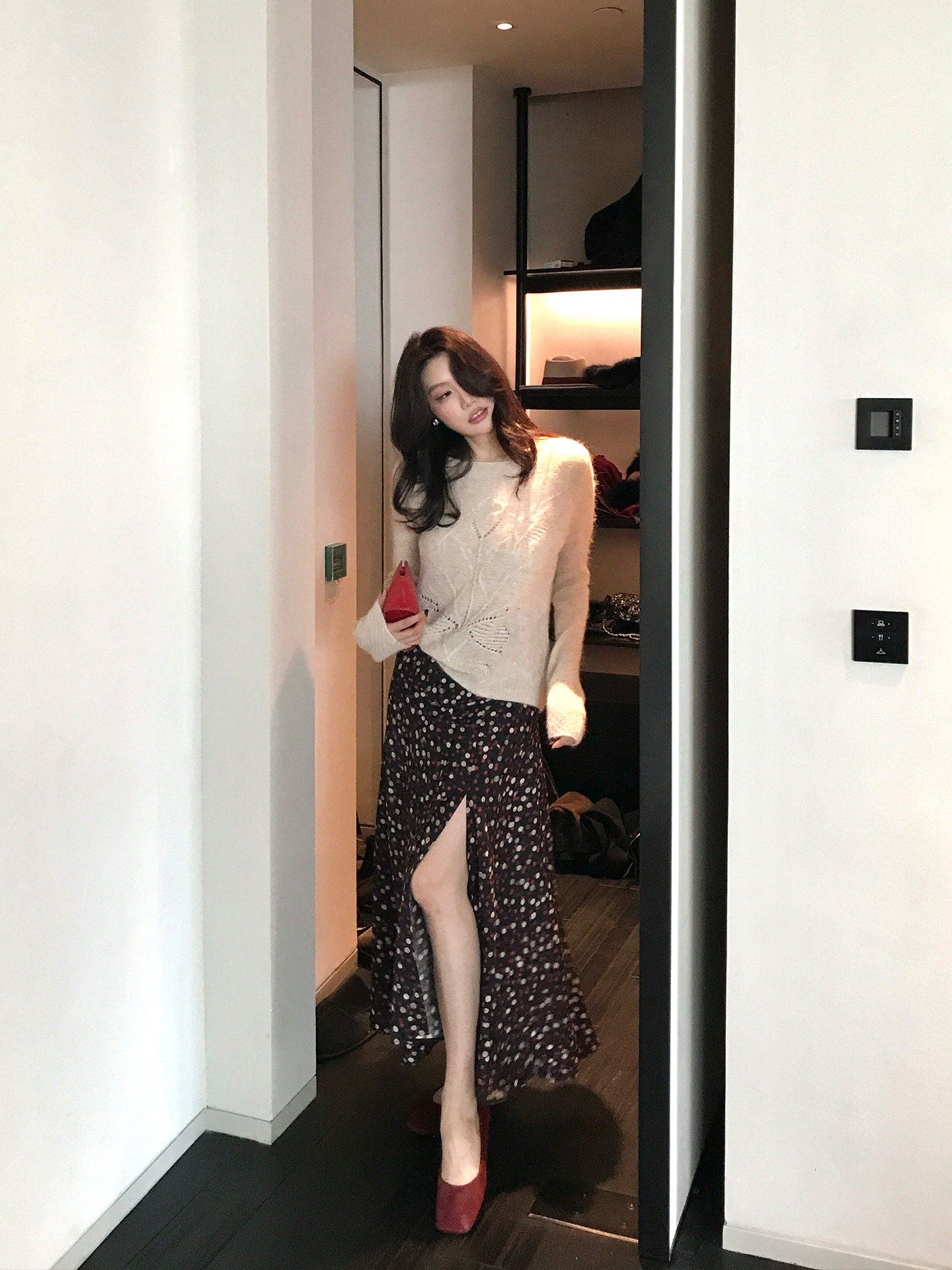 復古氛圍感彩色波點不規則開叉半身裙女高腰大擺長裙