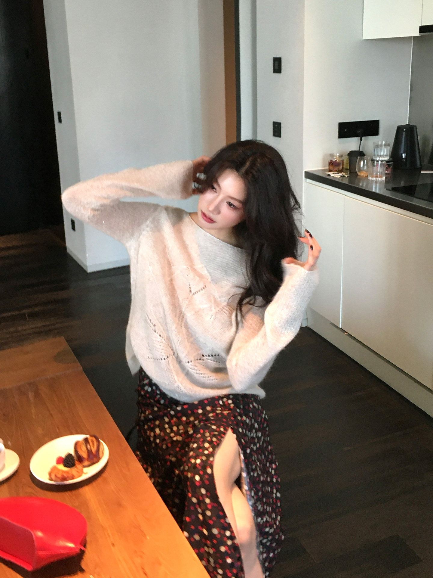 復古氛圍感彩色波點不規則開叉半身裙女高腰大擺長裙