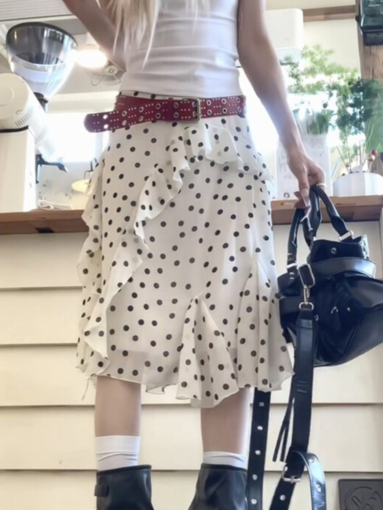 荷葉邊白色波點半身裙不規則中長款裙子女春復古大碼設計感a字裙