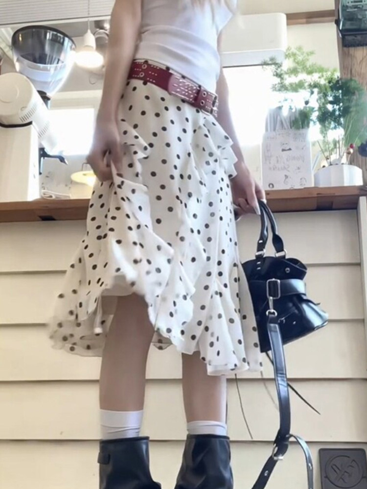 荷葉邊白色波點半身裙不規則中長款裙子女春復古大碼設計感a字裙