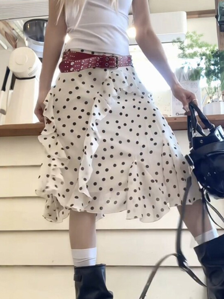荷葉邊白色波點半身裙不規則中長款裙子女春復古大碼設計感a字裙
