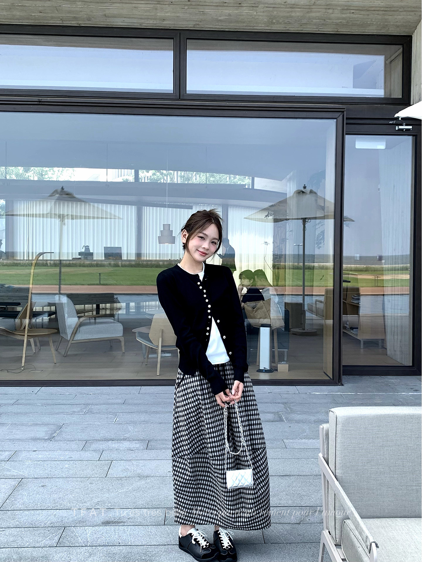 黑白小格子花苞半身裙女2026春夏新款顯瘦百搭A字中長裙