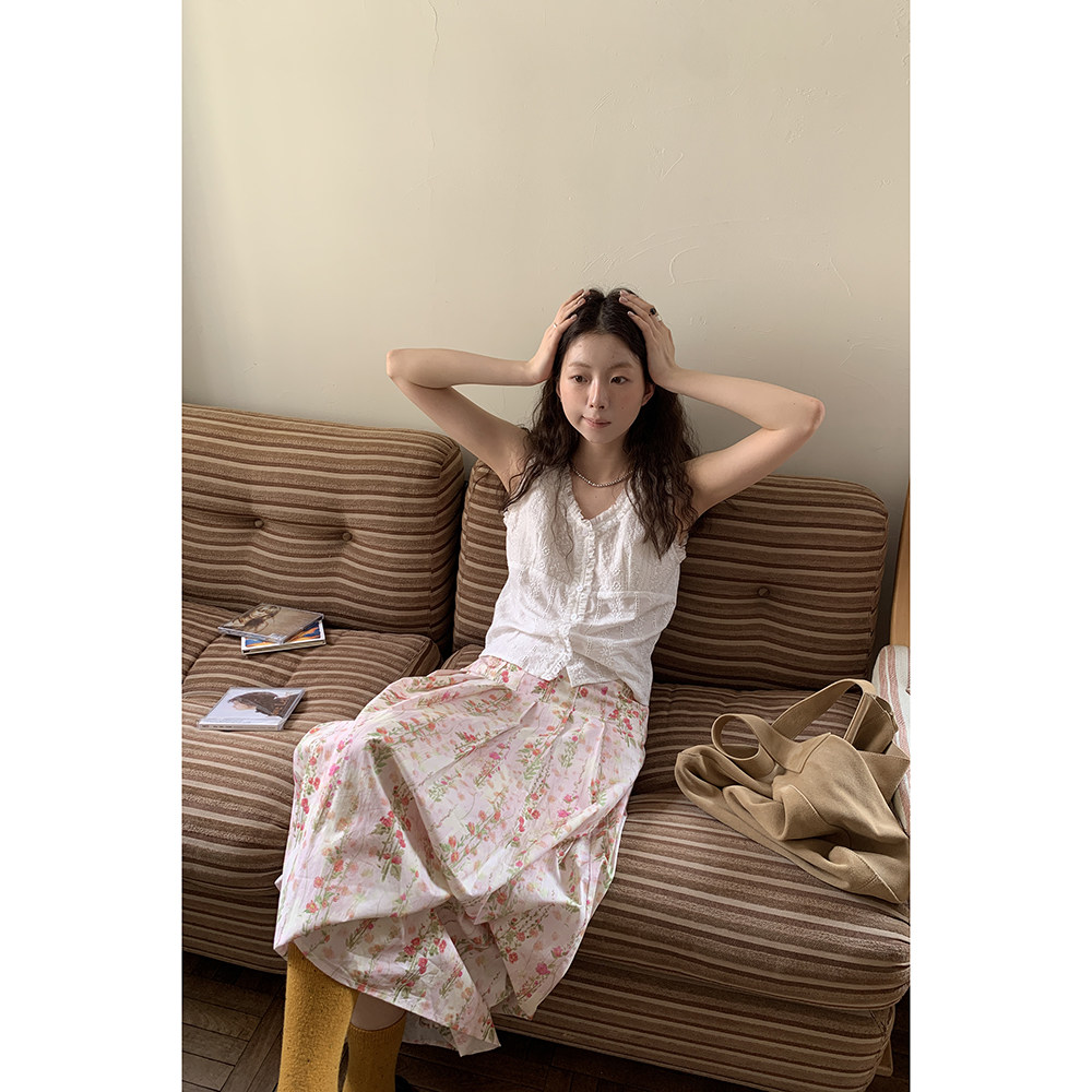 法式復古碎花半身裙2025夏季氣質印花壓褶裙中長裙女