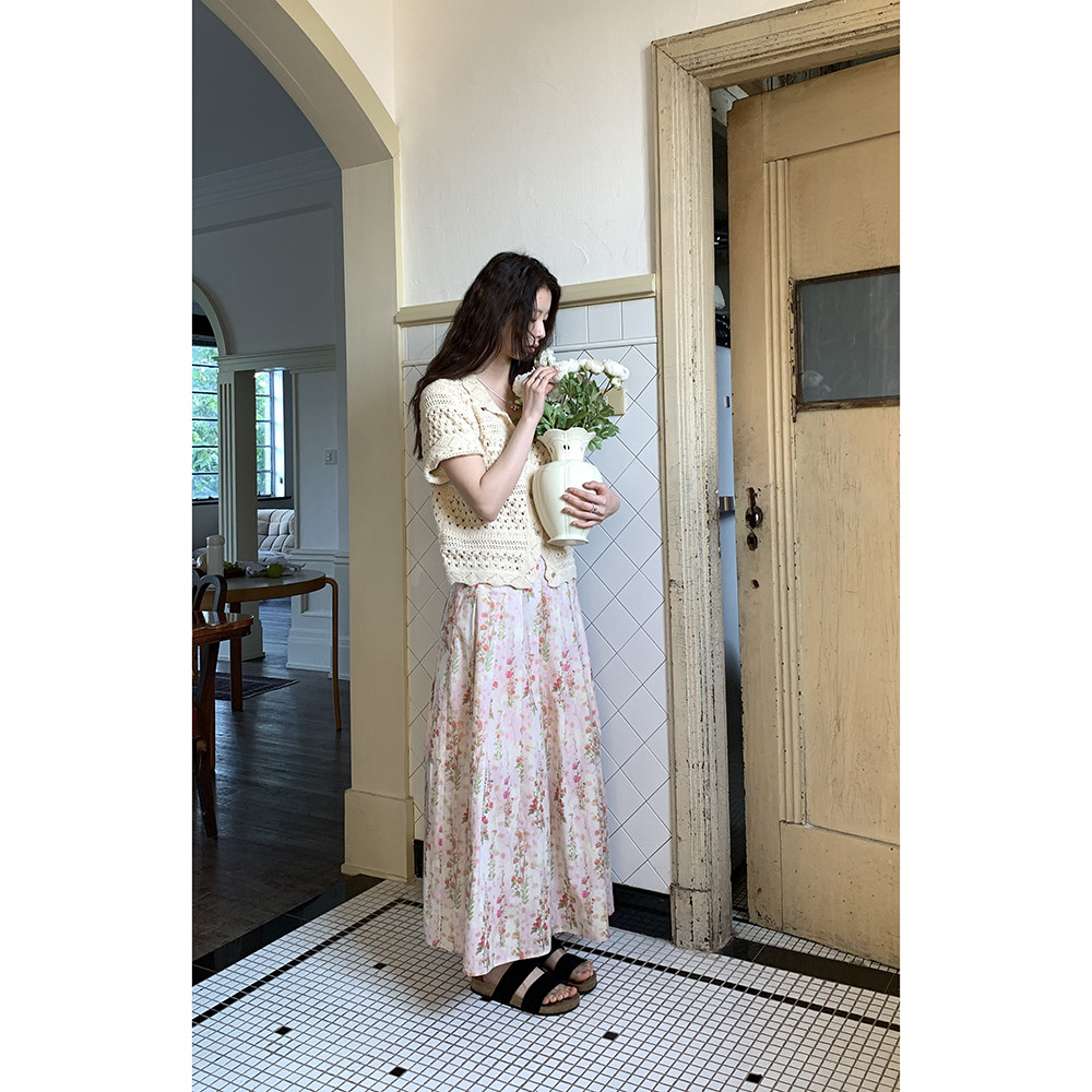 法式復古碎花半身裙2025夏季氣質印花壓褶裙中長裙女