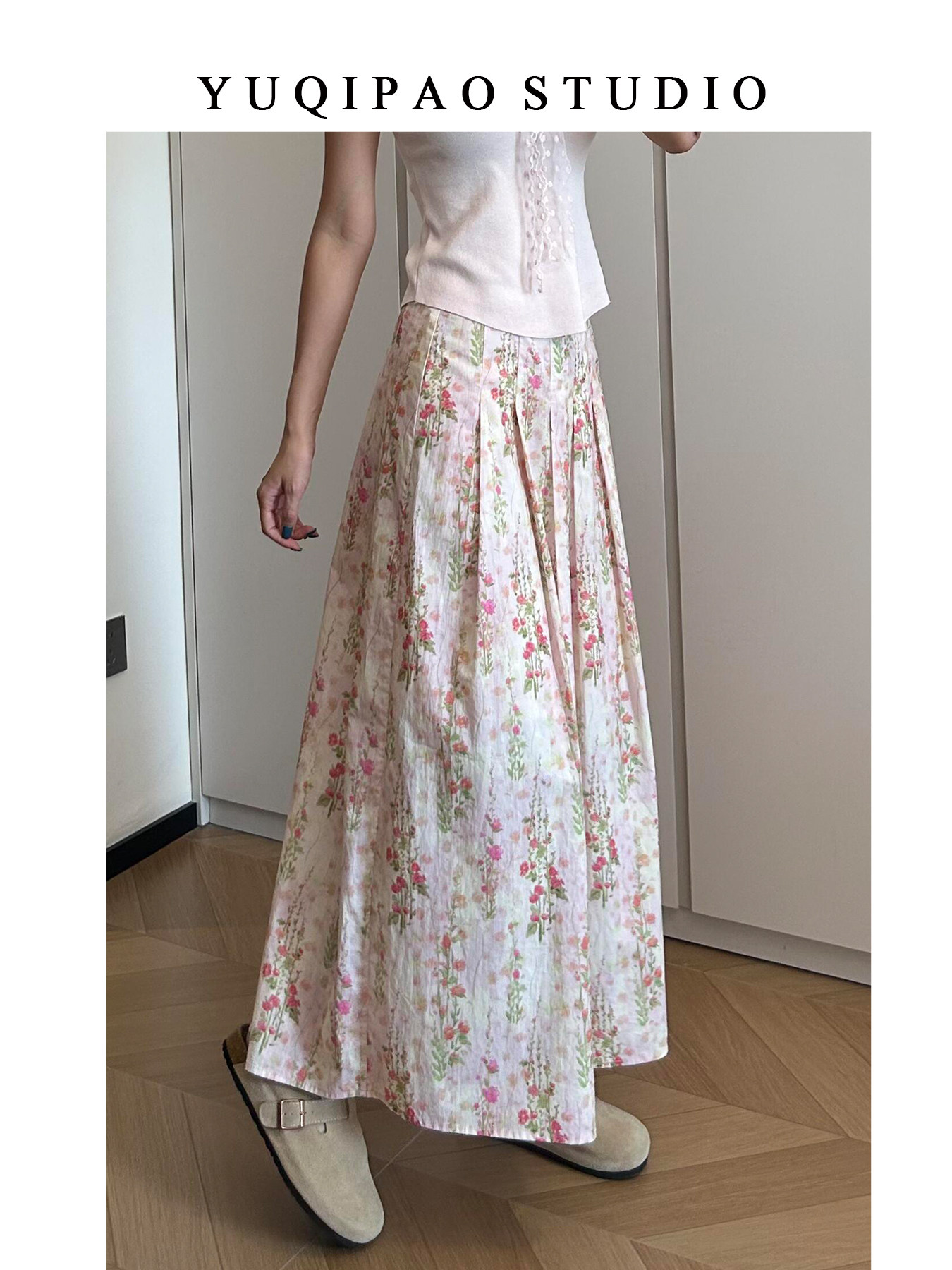 碎花半身裙女夏季大碼胖mm設計感氣質印花壓褶大擺傘裙中長款裙子