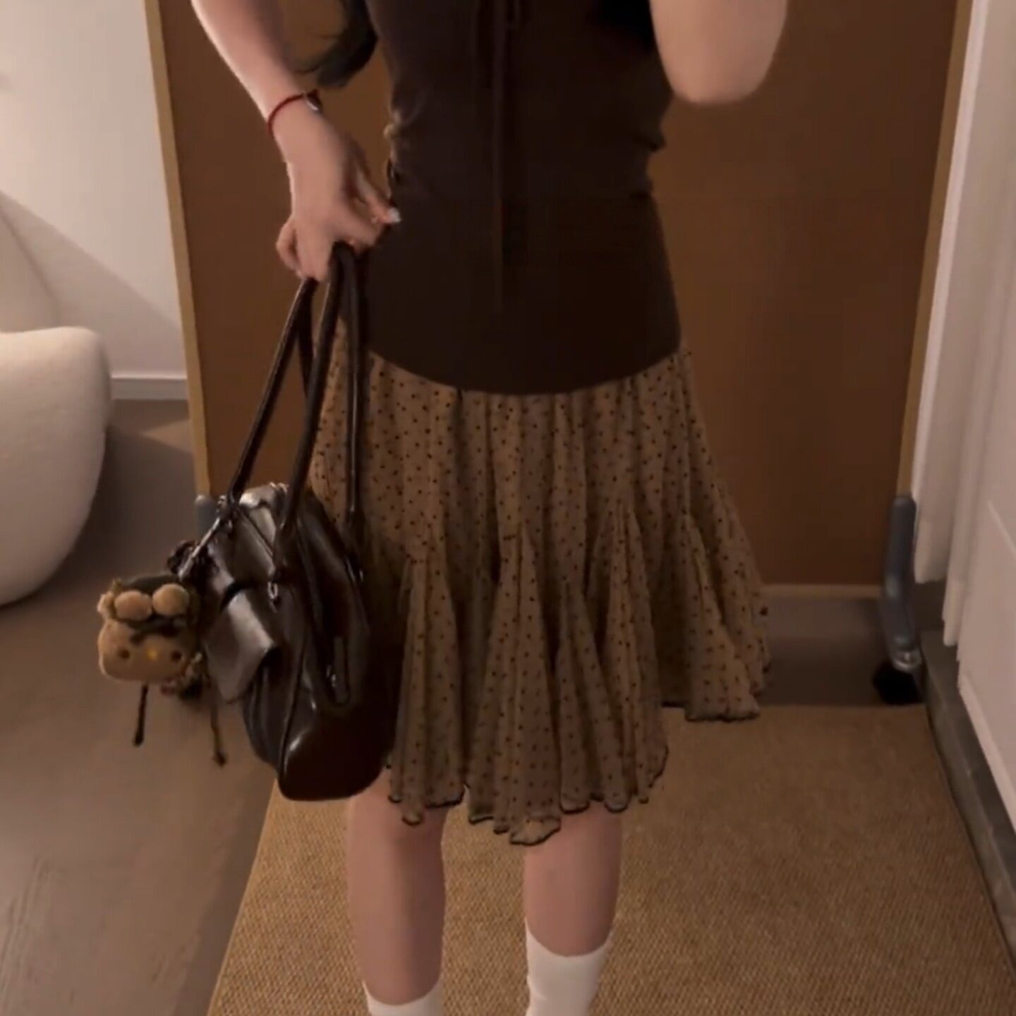 法式咖色網紗波點A字半身裙女夏季小個子絕美氣質高腰蓬蓬短裙子